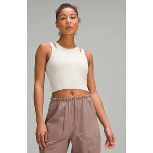 Lululemon Cut Out Knit Tank Top Cropped Large Active Workout in Bone Color READ
